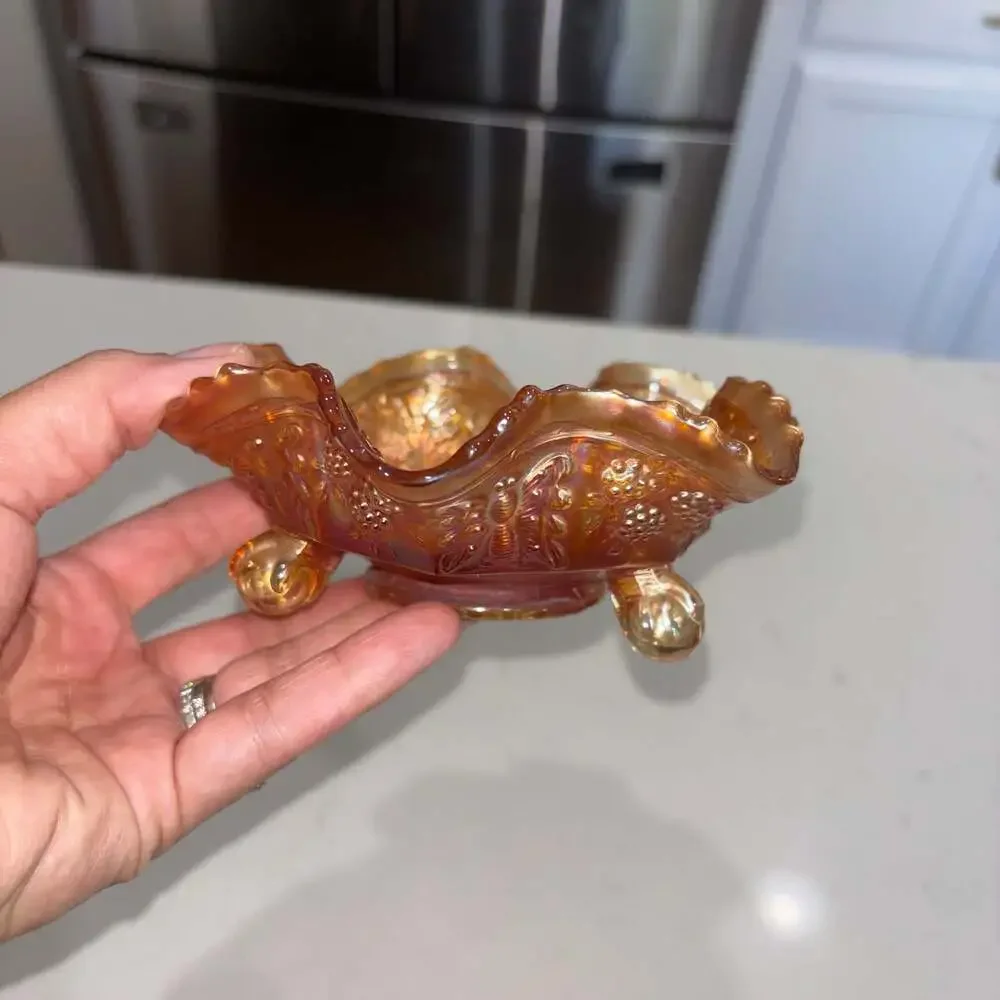 Fenton Antique Marigold Carnival Glass Panther Pattern 3-Footed Ruffled Bowl